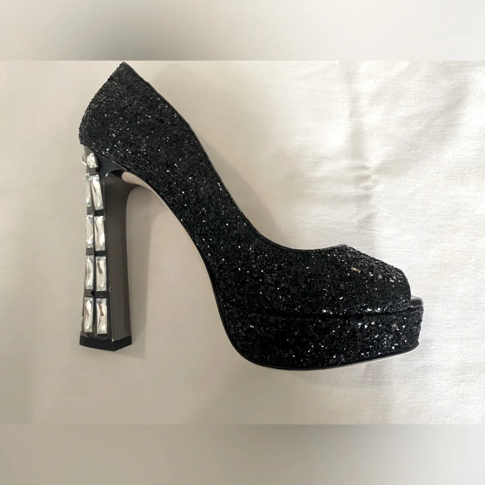 Miu Miu Black Glitter Peep-Toe Platform Pumps
